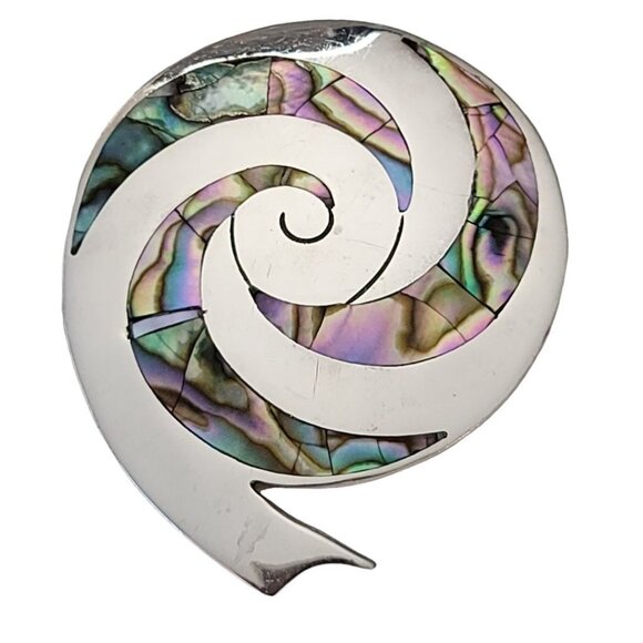 Mexico TH-24 925 Sterling Silver Abalone Inlay Snail Spiral Brooch Pendant L48 - Picture 9 of 9